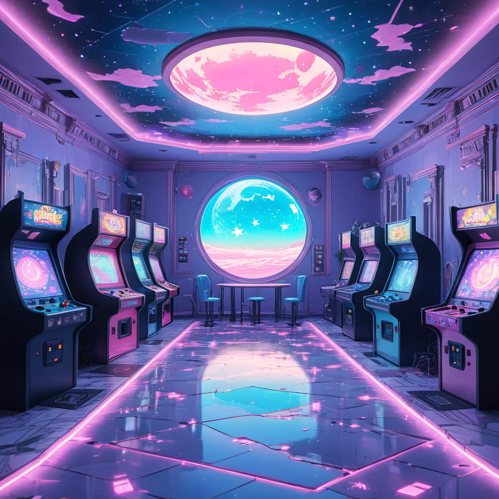 A surreal game room with arcade cabinets emitting a soft glow. The floor is a giant circuit board, and instead of a ceiling, there's a glitching star-filled sky with a low-poly moon.  <lora:add-detail-xl:1.2>, <lora:Vaporwave_SDXL:1> ArsMJStyle , vaporwave,