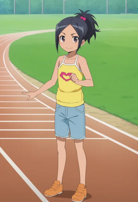 score_9, score_8_up, score_7_up, score_6_up, score_5_up, score_4_up , anime coloring ,BREAK source_anime, anime,screencap,
1girl, solo, riah, hair bobbles, camisole, denim shorts, orange footwear, <lora:PonyXL Ria Hagry V1:1>
outdoors, track and field,
looking at viewer, smile