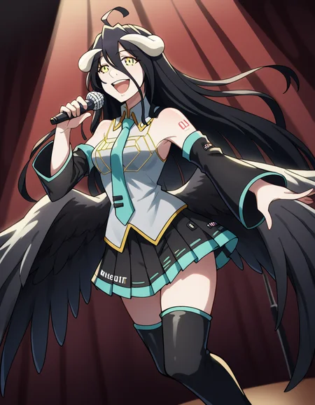 score_9, score_8_up, score_7_up, source_anime, overlordalbedo, <lora:overlord-albedo-s1s2-ponyxl-lora-nochekaiser:1>, albedo, ahoge, black hair, horns, long hair, yellow eyes,, <lora:hatsune-miku-cosplay-ponyxl-lora-nochekaiser:1>, hatsunemikucosplay, hatsune miku \(cosplay\), aqua necktie, black footwear, black skirt, black sleeves, boots, collared shirt, detached sleeves, grey shirt, necktie, pleated skirt, shirt, skirt, sleeveless, sleeveless shirt, thigh boots, tie clip,, stage, stage lightings, singing, microphone, holding microphone, open mouth, smile,, cowboy shot, dutch angle,