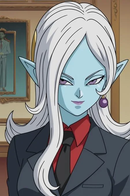 source_anime, score_9, score_8_up, score_7_up, anime screencap, absurdres, official style,
towa, hair ornament, long hair, white hair, hair over one eye, blue skin, colored skin, pointy ears,
formal suit, necktie, collared shirt, upper body,
<lora:towa_pony_v1:0.8>