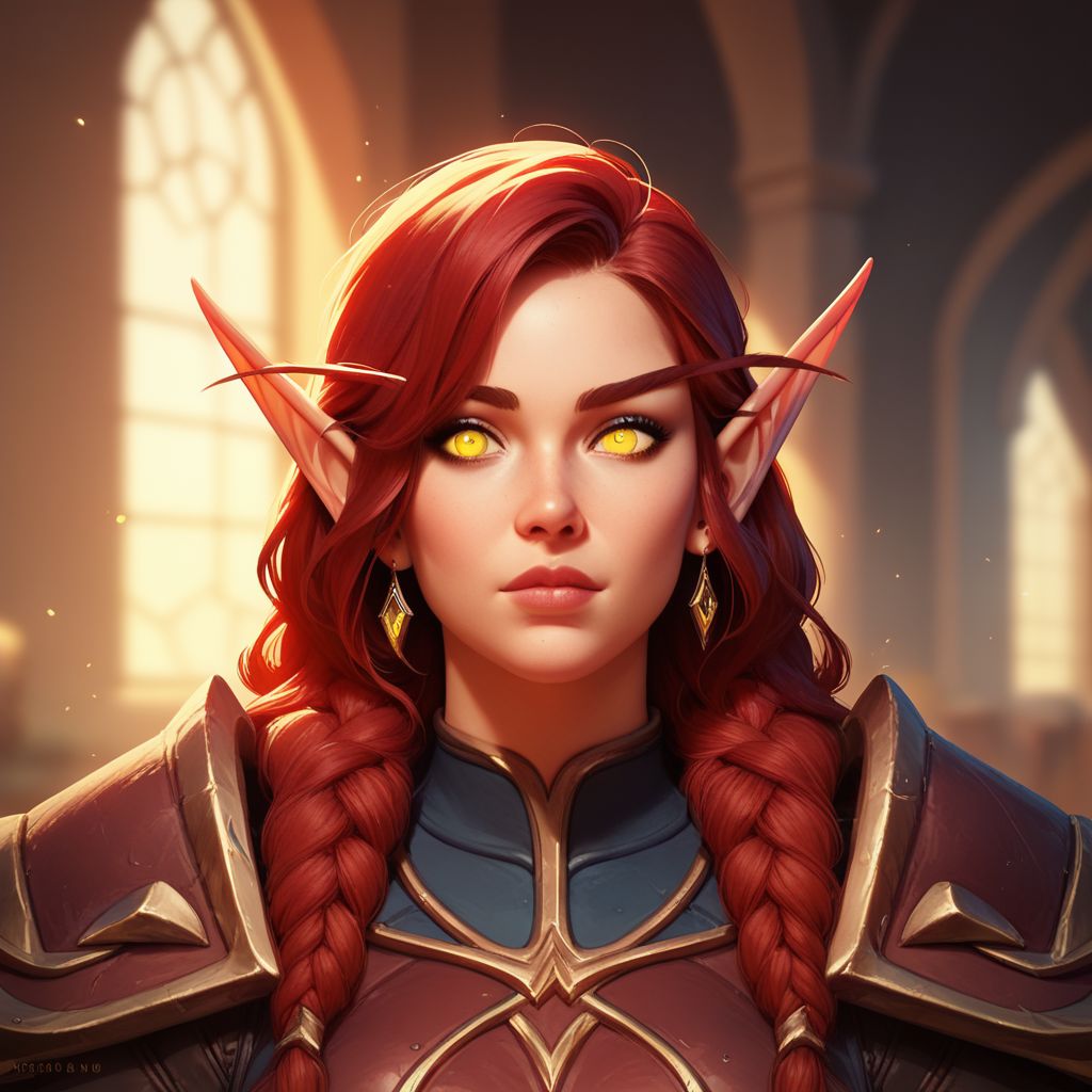 score_9, score_8_up, 8, score_7_up, score_6_up, (dynamic lighting:1.1), ((masterpiece)), solo, portrait, 
(((beautiful, hyper realistic, high quality))), portrait, score_9, score_8_up, score_7_up, 
Elf, Pointed ears, Long eyebrows, 1girl, red hair, yellow eyes, leather armor, iron shoulder pads, 
fantasy background, blurred background
