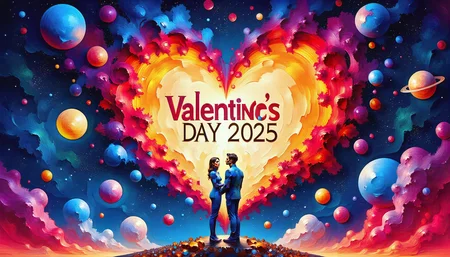 positiv Clip L: aidmatextimprover, sketch painting, absrtCE_style,    Above both, the text shines from the stars in a heart: "Valentine's Day 2025", Two celestial beings, one (female:0.8) made of glowing stardust, (the male one:1.5) formed from nebulae in space, reach out their hands in an infinite cosmic embrace. Planets and galaxies swirl around them in a mesmerizing dance of eternal love. positiv Clip G: aidmatextimprover, sketch painting, absrtCE_style,    Above both, the text shines from the stars in a heart: "Valentine's Day 2025", Two celestial beings, one (female:0.8) made of glowing stardust, (the male one:1.5) formed from nebulae in space, reach out their hands in an infinite cosmic embrace. Planets and galaxies swirl around them in a mesmerizing dance of eternal love.