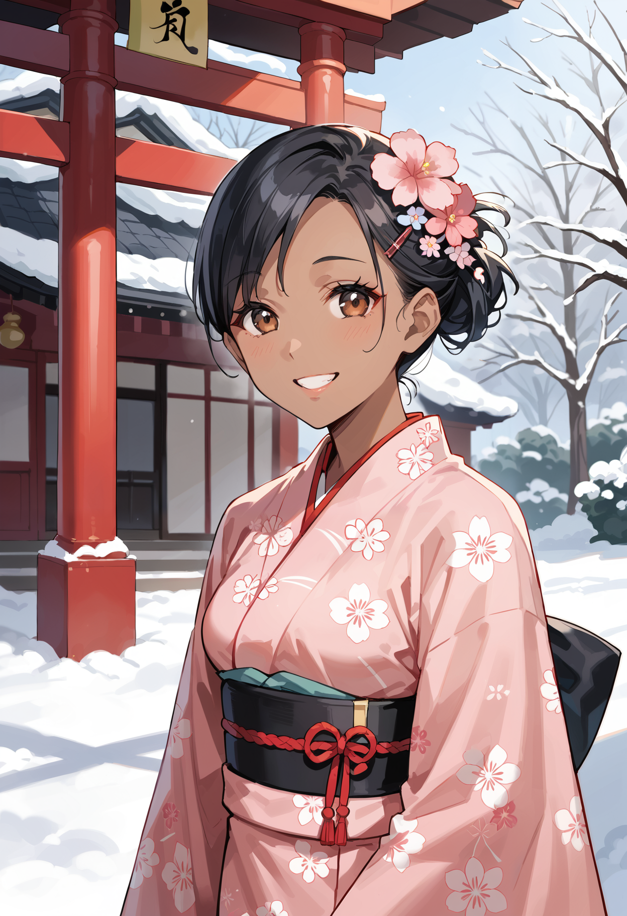 score_9, score_8_up, score_7_up, (source_anime), 1 girl, solo, nsfw, cute face,
yukop3, short hair, hairclip, ((dark skin)), brown eyes, black hair,
pink kimono, jyojifuku, furisode, kimono, wide sleeves, (flower hair ornament),
(aged up, mature:0.7), happy, smile,
outdoors, Japanese shrine, temple, cold, winter,