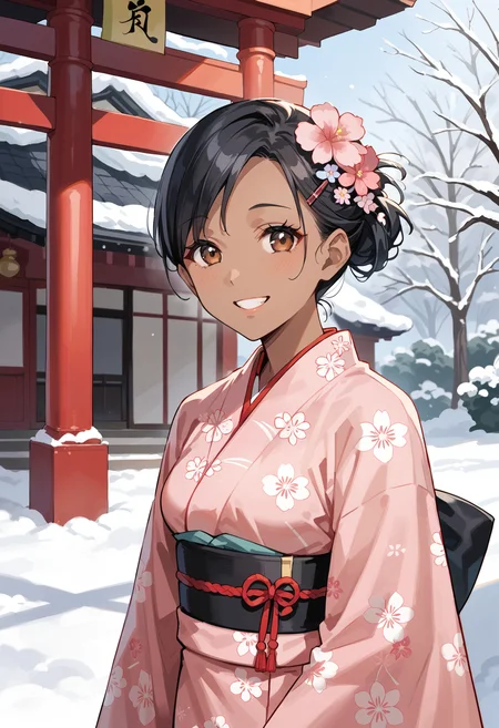 score_9, score_8_up, score_7_up, (source_anime), 1 girl, solo, nsfw, cute face,
yukop3, short hair, hairclip, ((dark skin)), brown eyes, black hair,
pink kimono, jyojifuku, furisode, kimono, wide sleeves, (flower hair ornament),
(aged up, mature:0.7), happy, smile,
outdoors, Japanese shrine, temple, cold, winter,