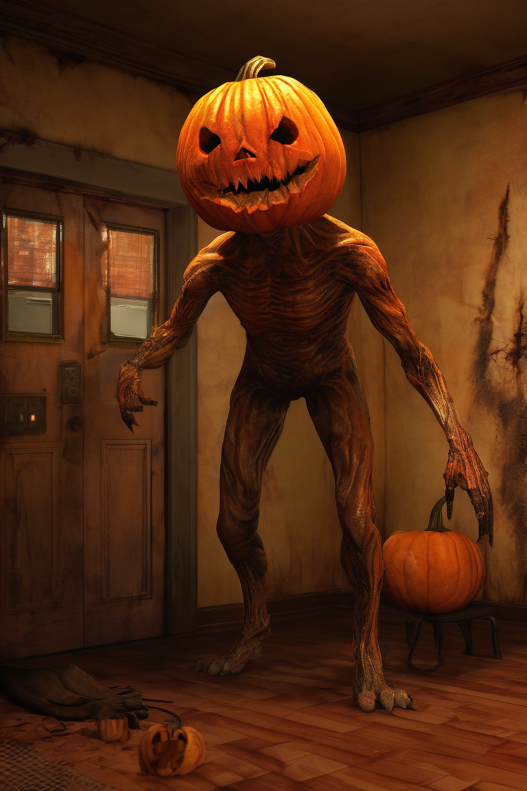 silent hill style, (masterpiece, top quality, best quality, beautiful and aesthetic), extremely detailed, hyper realistic, (Cinmatic:0.4), intense, wide shot, detailed face, "A ((orange pumpkin head, monster body))), (((wearing cap))), ((standing inside office)), (((office room))), glowing eyes and sharp teeth, foggy, eerie, haloween style, The (office) was transformed into a haunted maze, with pumpkin head monsters of all shapes and sizes lurking around every corner, their sharp teeth and glowing eyes sending shivers down your spine., action_pose, ,More Detail <lora:silent_hill_xl:1>