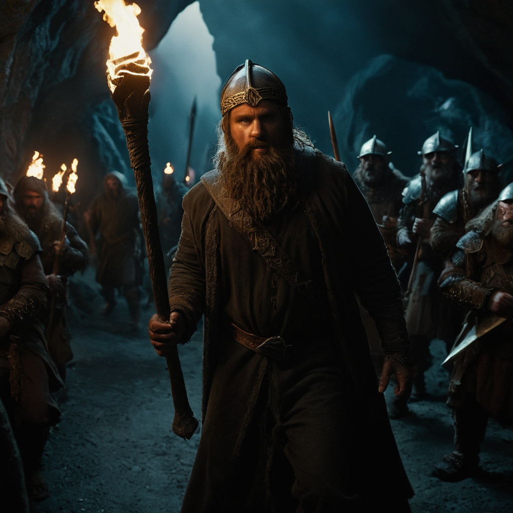 cinematic film still of  <lora:The Lord of the Rings style v2:1>
In a Fantasy Middle-earth world in the dark ages Orcs a Orcman in a costume holding torches in a cave,ork,humanoid monsters,1boy,holding,weapon,male focus,multiple boys,holding weapon,armor,facial hair,helmet,fire,crown,staff,facing viewer,beard,holding staff,torch , dramatic light, dramatic shadow light, film contrast, cinematic film color, cinematic film look, filmic, realistic, realism, perfection, perfect, movie still, fantasy drama, epic drama, fictional, Age of Wonders, Age of Empires, warriors,  Medieval style, middle ages, dungeons and dragons style, different people, different, unique, kingdoms and castles, violent, aggressive, detailed, perfection, detailed face, detailed body, detailed hands, detailed eyes, sharp, horror themed, dark themed, epic fantasy adventure film style, Legendary, mythical, The Lord of the Rings style, shallow depth of field, vignette, highly detailed, high budget, bokeh, cinemascope, moody, epic, gorgeous, film grain, grainy