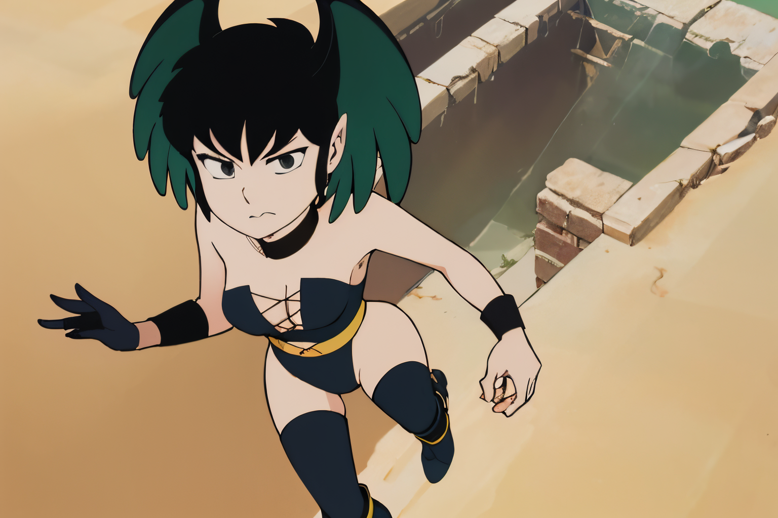 (Realistic:1.5) full body shot, looking at viewer, short hair, black hair, medium breasts, closed mouth, collarbone, long black boots, indoors, black eyes, strapless, frown, black choker, green head wings, wristband, black leotard, strapless leotard, A vast, endless desert filled with ancient, crumbling ruins.,<lora:EdobUruseiYatsuraKurama_v1.0:0.8>