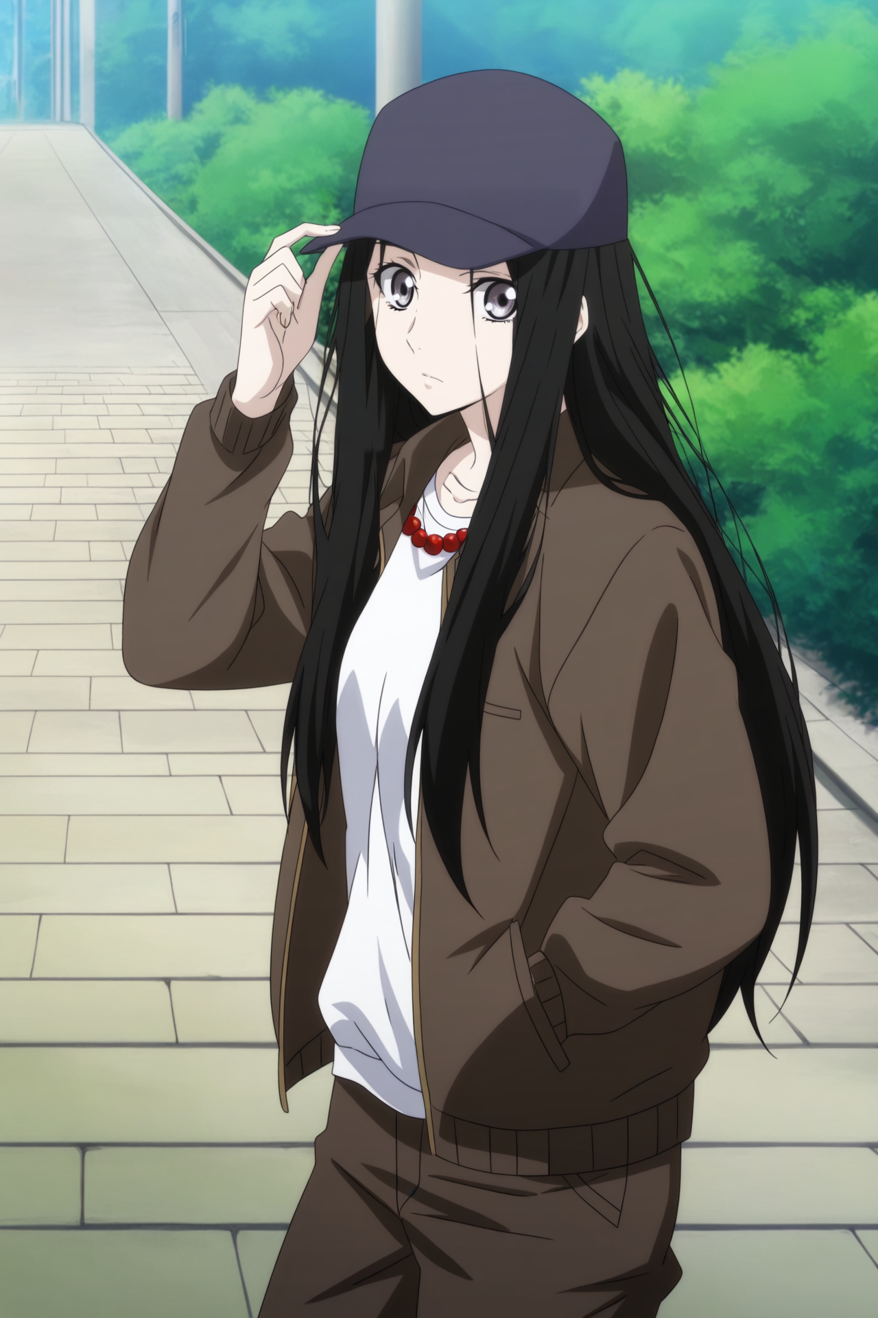 anime screencap,anime coloring,detailed face,masterpiece,best quality,very aesthetic,absurdres,volumetric lighting,official style,amazing quality,ultra detailed,highres,scenery,beautiful detailed hair,beautiful detailed eyes,official anime artwork,<lora:FengBaoBao S2-IL V1:1>,Feng Bao Bao,1girl,solo,long hair,black hair,grey eyes,outdoors,looking at viewer,standing,NaDouTong Temporary worker uniform,brown jacket,long sleeves,jacket pocket,brown pants,white shirt,Red Buddha bead necklace,Blue and white shoes,blue baseball cap,