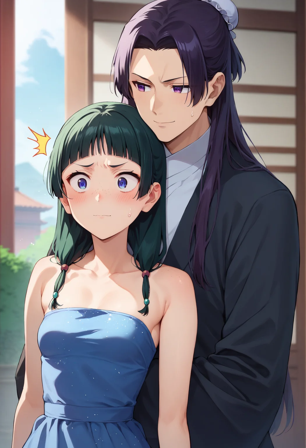 maomao, 1girl, blue eyes, freckles, sidelocks, blunt bangs, low twintails, sparkling dress, blue dress, small breasts, blush, embarassed, looking away,
jinshi, 1boy, bun cover, long hair, purple eyes, parted bangs, black suit, facing viewer, from behind, smile, his head is over her shoulder, over shoulder, BREAK
<lora:maomao_and_jinshi_ponyxl_v4:1>, score_9, score_8_up, score_7_up, score_6_up, anime