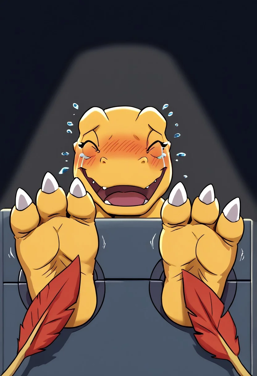 score_9,score_8_up, <lora:OtherStyle_01:0.6>, .paws through wall. ((three toes with claws)), soft soles, ((cute feet)), toes curling. paws wiggling, paws shaking.
((((face on monitor)))). (agumon, blushing, laughing hard, nervous, ticklish, embarrassed, head turned, mouth open, eyes closed, tears.)
((tickling agumon's feet with a single feather))
((detailed, anime, masterpiece, dynamic lighting.))