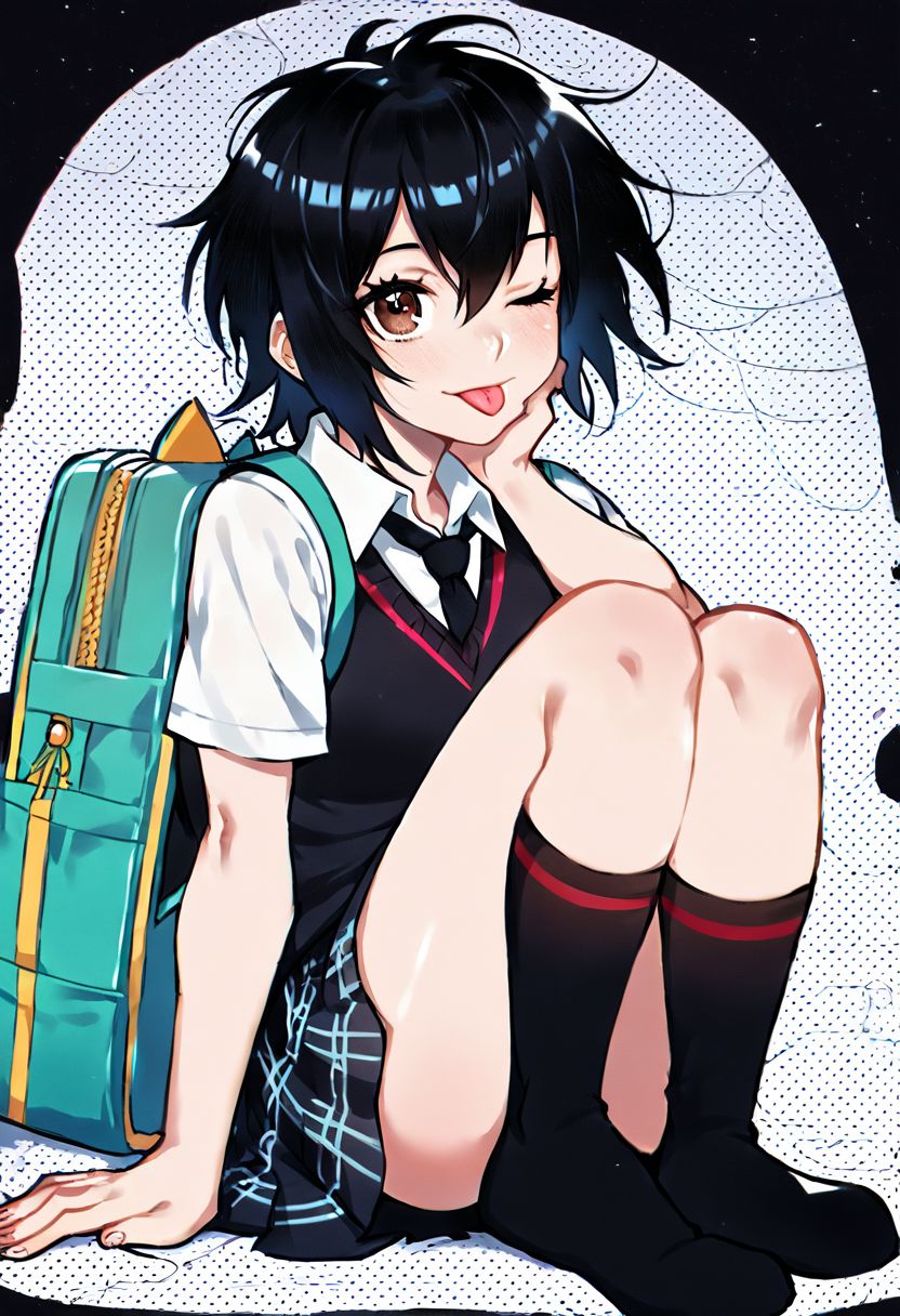 score_9_up, score_8_up, score_7_up, Score_6_up, Score_5_up, Score_4_up, source_anime, (masterpiece, perfectly detailed, detailed face, detailed eyes, beautiful eyes), (ultra HD quality details), 8K, extremely detailed, highres, Mevak_PS, peni parker, :p, aqua bag, backpack, bag, black background, black hair, black necktie, black skirt, black socks, black sweater vest, brown eyes, collared shirt, dress shirt, eyelashes, hair between eyes, halftone texture, hand on own chin, kneehighs, knees up, looking at viewer, messy hair, necktie, on ground, one eye closed, plaid, plaid skirt, school uniform, shirt, short hair, short sleeves, simple background, sitting, skirt, socks, solo, sweater vest, tongue, tongue out, white shirt.