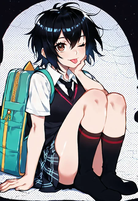 score_9_up, score_8_up, score_7_up, Score_6_up, Score_5_up, Score_4_up, source_anime, (masterpiece, perfectly detailed, detailed face, detailed eyes, beautiful eyes), (ultra HD quality details), 8K, extremely detailed, highres, Mevak_PS, peni parker, :p, aqua bag, backpack, bag, black background, black hair, black necktie, black skirt, black socks, black sweater vest, brown eyes, collared shirt, dress shirt, eyelashes, hair between eyes, halftone texture, hand on own chin, kneehighs, knees up, looking at viewer, messy hair, necktie, on ground, one eye closed, plaid, plaid skirt, school uniform, shirt, short hair, short sleeves, simple background, sitting, skirt, socks, solo, sweater vest, tongue, tongue out, white shirt.
