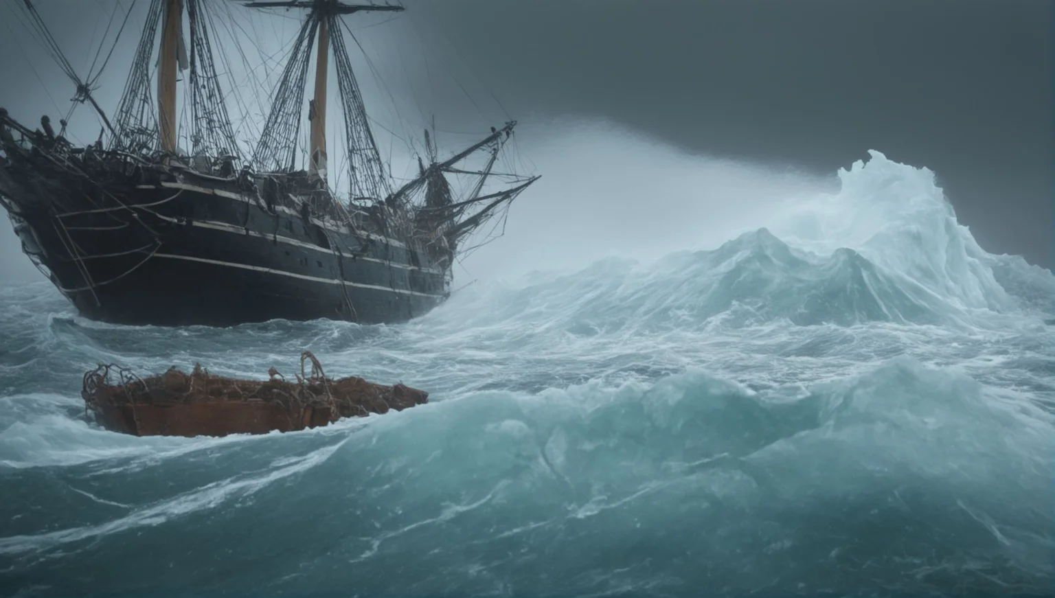 A 1600's ship hitting an iceburg on rough seas forth atlantic,(godrays:1.2),rain,(violent waves:1.1),ship,panorama,cinematic_angle,depth of field,(storm:1.2),(lashing rain:1.2),(floating ice:1.2),(fog:1.1),mist,mast,sails,cannon,sinking ship,