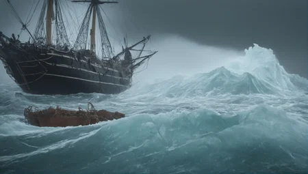 A 1600's ship hitting an iceburg on rough seas forth atlantic,(godrays:1.2),rain,(violent waves:1.1),ship,panorama,cinematic_angle,depth of field,(storm:1.2),(lashing rain:1.2),(floating ice:1.2),(fog:1.1),mist,mast,sails,cannon,sinking ship,