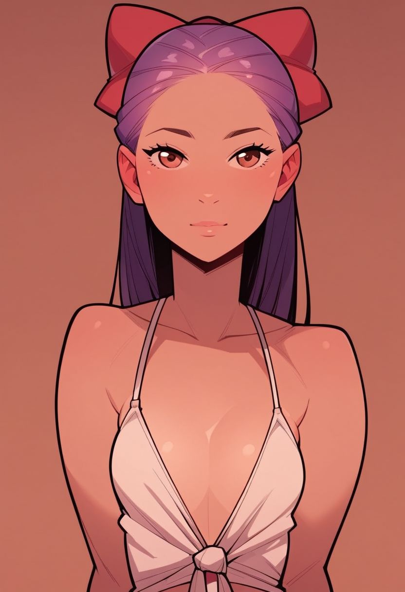 simple background, 1girl, 18 year old American, purple hair, red bow, brown eyes, skinny, (nice small breasts:1.3), brown eyes, head shot
BREAK score_9, score_8_up, score_7_up, score_6_up, source_cartoon