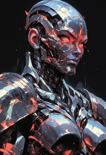 "In a mesmerizing, chilling digital dystopia, a cybernetic queen dominates the scene in a striking avant-garde photograph. Her sleek, metallic-reptilian skin glistens with shifting holographic hues, a mesmerizing fusion of silver and iridescent tones, while dark, glowing circuit patterns pulse ominously across her body. Her piercing red eyes, glowing with a cold, sinister intelligence, peer through the smooth, silver mask that conceals her face, radiating an unsettling aura of control. The high-definition image showcases her armor in extraordinary detail—an intricate blend of futuristic design and high fashion, with sharp, angular lines and luminous accents that evoke both elegance and technological menace. The queen's figure is both graceful and terrifying, capturing the viewer's gaze with an eerie, captivating intensity. Every facet of her armor, from the intricate joints to the luminous crevices, contributes to an overall sense of power and unease, perfectly blending the dystopian aesthetic with an air of regal, yet threatening, authority."