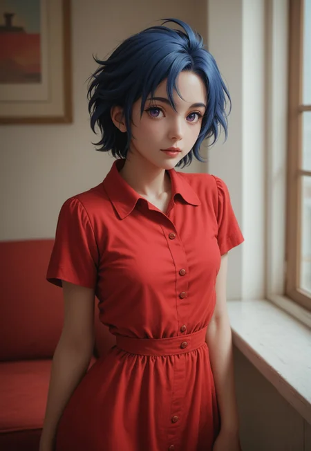 (((score_9, score_8_up, score_7_up, posing )))
,
((( masterpiece, complicated shadows, high quality shadows, midday lighting)))
,
((( Emilymb2, blue hair, short hair, purple eyes, Shirt, red shirt, dress, short sleeves,)))
,
((( 1girl, solo )))
,
((( Blurred background)))
,
((( Indoors )))
,
((( )))
,
((( )))