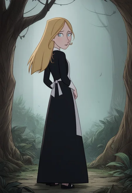 (zPDXL3) source_cartoon, robyn_goodfellow_v2, blonde hair, long hair, solo, from behind, black dress, apron, windy, 1girl, looking back at viewer, dark forest, blue eyes, Hand, detailed, perfect, perfection, hands