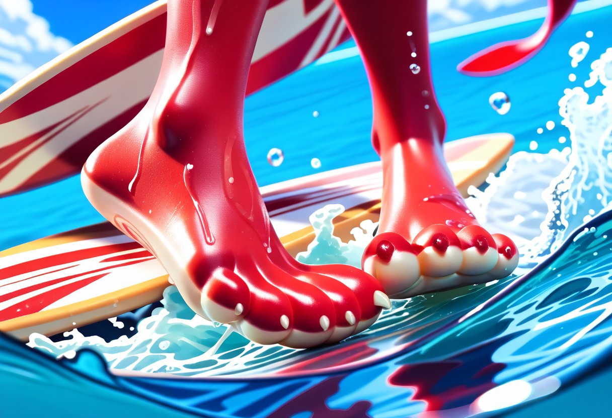 score_9, score_8_up, score_7_up, score_6_up, score_5_up, score_4_up, 1girl, furry female, alice, red squirrel, barefoot, red feet, 3 toes, foot focus, water, surfing, feet on surfboard, wet on feet, close-up