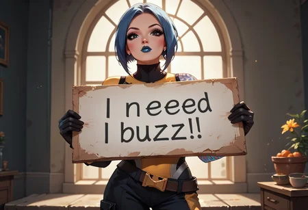 score_9, score_8_up, score_7_up, score_6_up, highest quality, high detail, accurate, correct hand, 5-fingers, perfect anatomy, best quality, beautiful lighting, (highest quality), perfect face, (1girl, mayabl2), buzz, need_buzz, holding sign, tattoo, makeup, lipstick, gloves, belt, bodysuit, pants