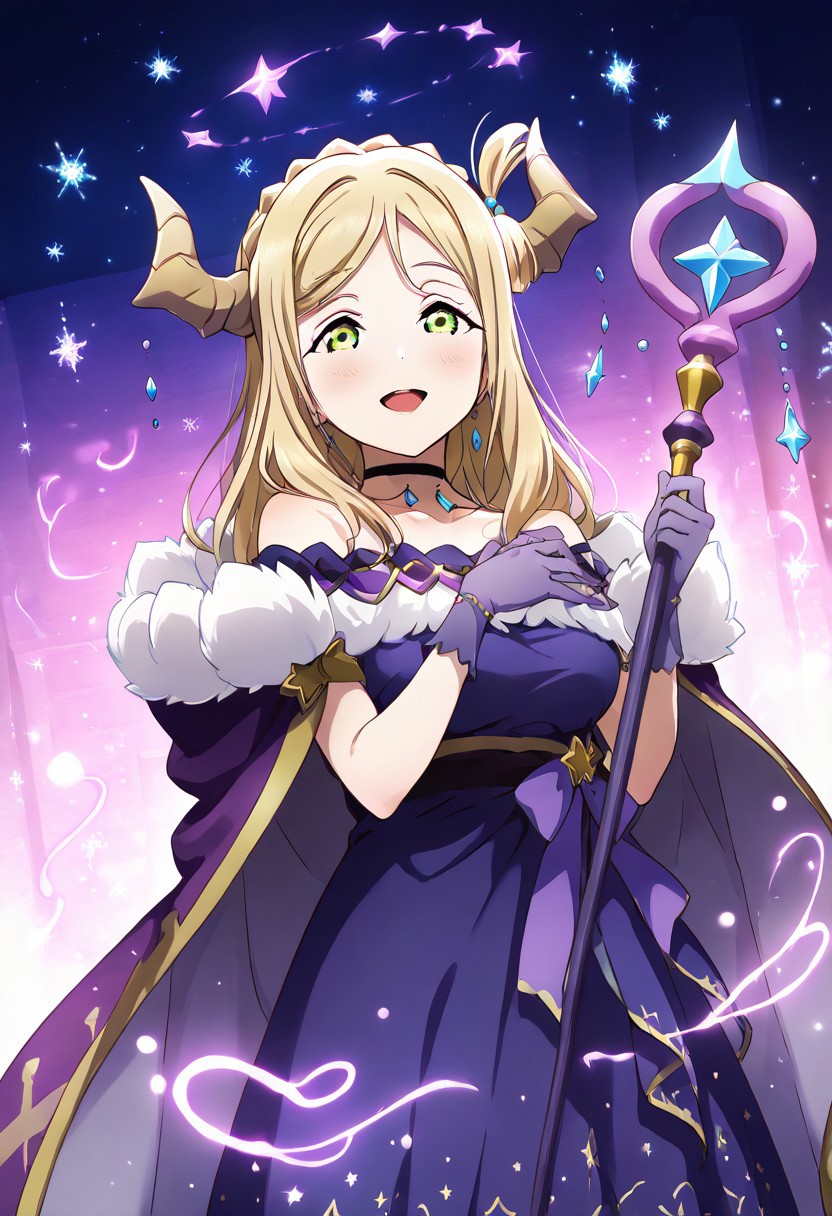 masterpiece, best quality, solo, 1girl, aged up, happy, 
 ohara_mari, mari_ohara, MariMari, green eyes, blonde hair, demon horns, long hair, crown braid, black choker, blue dress, purple gloves, bare shoulders, off-shoulder dress, purple cape, fur trim, celestial sorceress idol, star-patterned gown, glowing staff, floating runes, stage in outer space, galaxies swirling behind her, constellations pulsing with rhythm, mystical and alluring performance