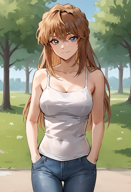 miyano_shiho, brown hair, blue eyes, long hair, medium breasts, white camisole, sleeveless, tight jeans
BREAK
outdoors, park, day
BREAK
cowboy shot, looking at viewer, standing,closed mouth, sexy smile, flirty, hands on pocket
BREAK
score_9, score_8_up, score_7_up, source_anime ,zPDXL, <lora:Miyano_Shiho:0.8>
