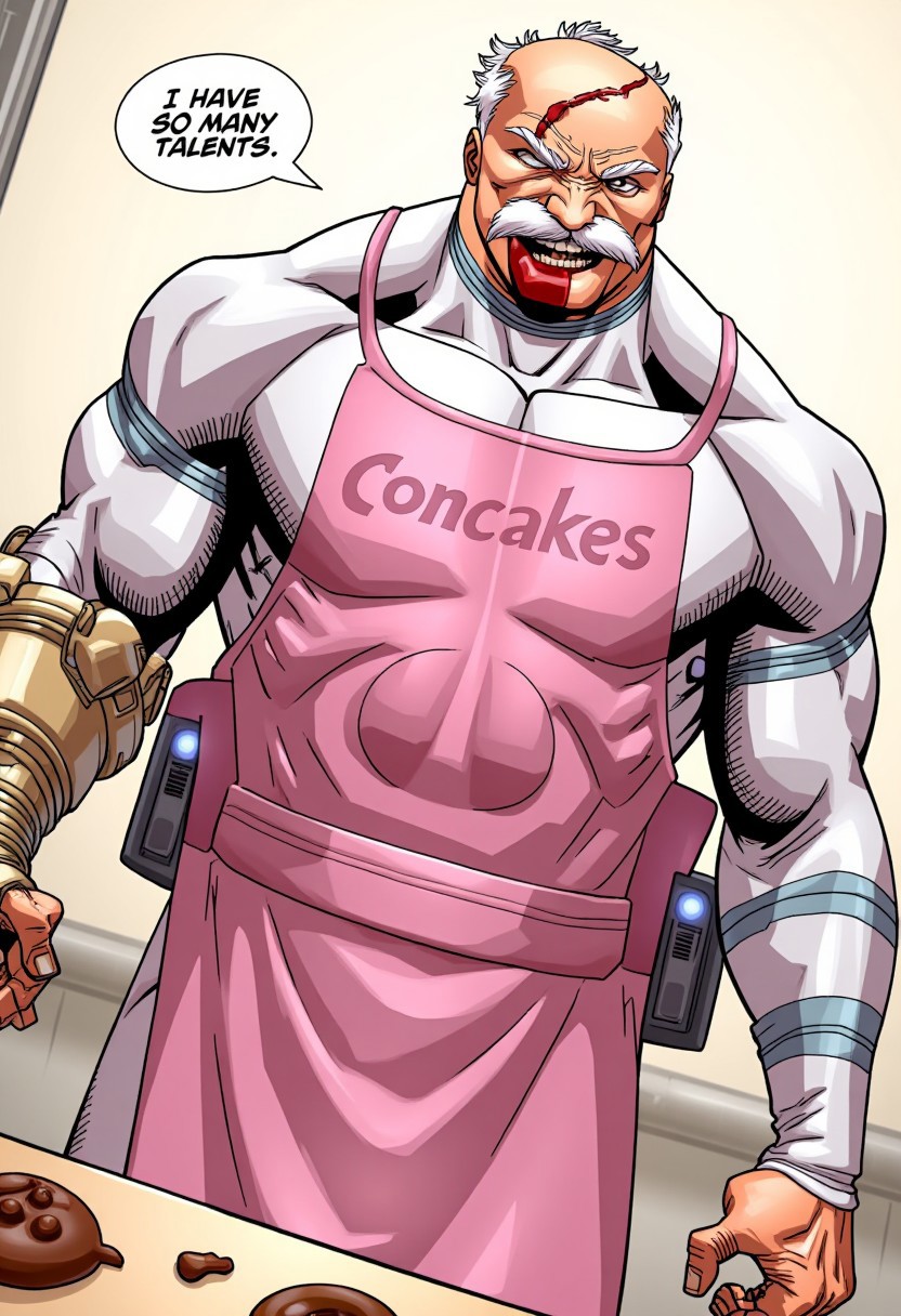 Comic book style illustration featuring C0nq-FLUX, old muscular man with right mechanical hand, scar across his face and blind right eye, dressed in a sleek, silver armor-like suit with a high-tech aesthetic. standing in the kitchen baking a cookies wearing a pink appron with text "Concakes" wrriten on the appron, and the thinking bubble over his head that reads "I have so many talents"