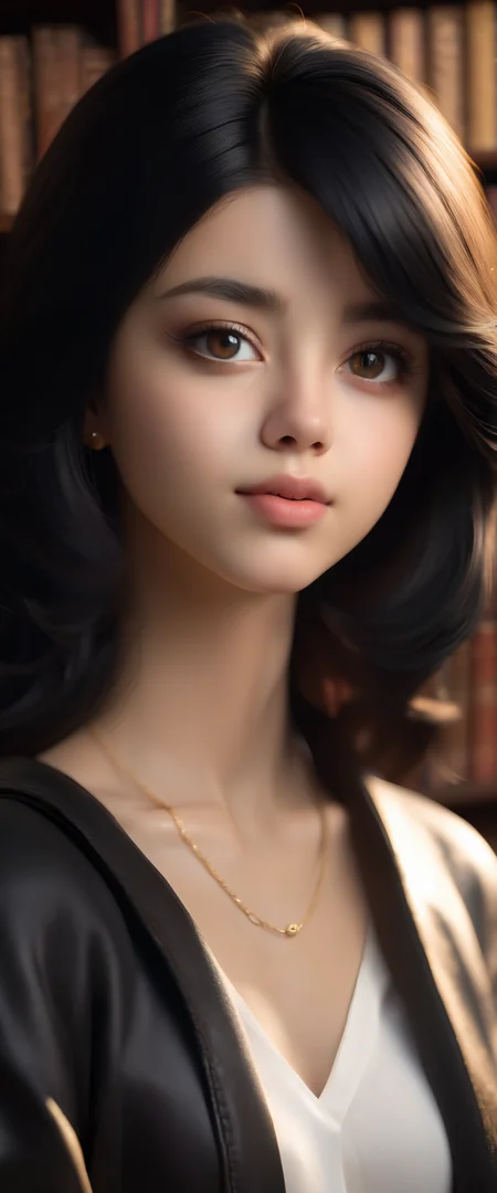 beautiful girl, 18 years old, black hair, high details, 8k, close up portrait, <lora:3DXL:0.8>, in a library, afternoon, golden hour