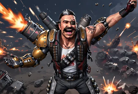 zPDXL2, score_7_up, score_8_up, high angle, from above, solo male, action scene, motion blur, dynamic angle, dramatic, wide view,
BREAK,
Apexfuse, eyepatch, scar on face, single mechanical arm, tactical outfit, open mouth, laughing, mustache, holding weapon with both hands, blasting weapon,
explosions, dust, debris in foreground,
(explosion in background),