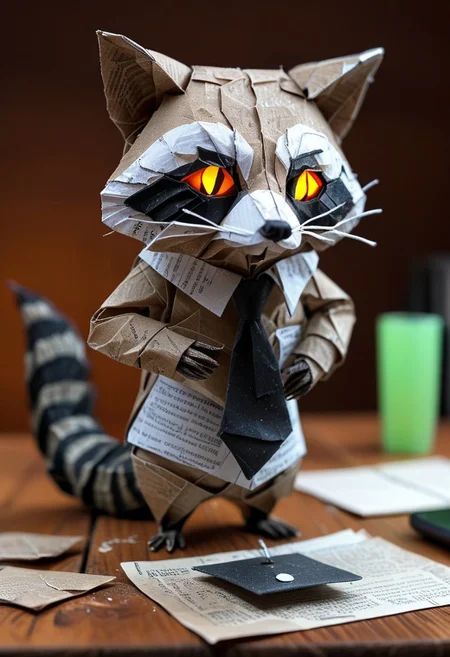 raccoon made of paper, raccoon with tie, close up, textured paper, on wooden table, fluorescent, glowing eyes, paper computer, doing taxes, fluorescent, fluorescent dust, fluorescent spraypaint, glowing dust