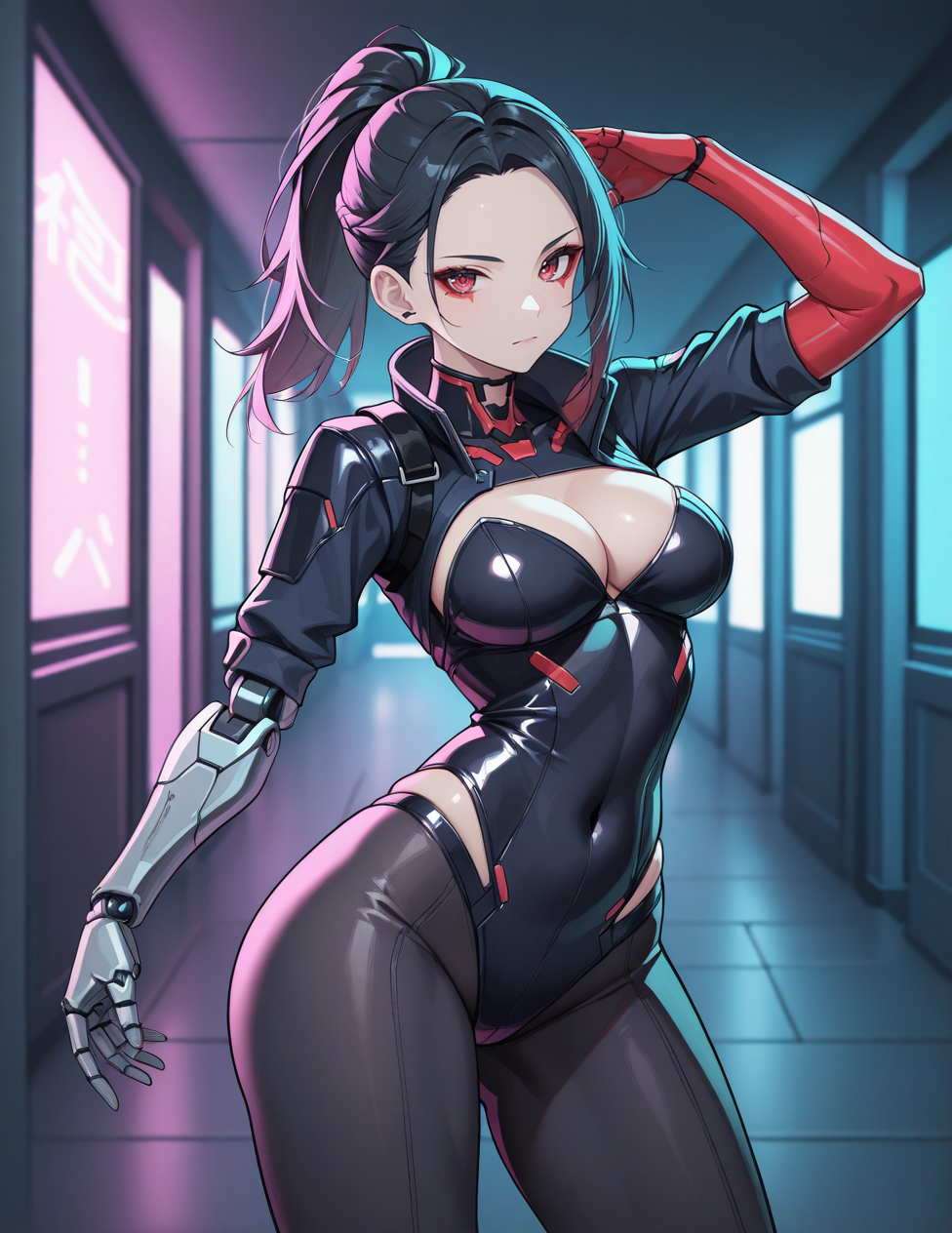 (masterpiece, best quality, ultra detailed, 8k, 4k, hi res, absurdres:1.3) BREAK 1girl, cyberpunk warrior girl, girl, high tech cyberpunk outfit, prosthetic arm, (sexy pose, posing for the viewer:1.3)
(detailed texture lighting, detailed surface lighting),
