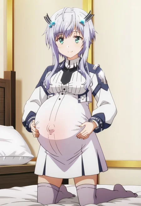 best quality, masterpiece, 4k, perfect lighting, very aesthetic, anime, anime coloring, official art, (anime screencap:1.5), (bedroom:1.5), happy, smile, (hands on belly:1.5)
(large pregnant belly:1.5),
ng_deepnegative_v1_75t,
MishaNECRON, (full body shoot:1.5),
long sleeves, necktie, white jacket, (uniform, white dress:1.9), grey thighhighs
(volup girl:1.5),
(pregnancy clothes:1.9), (covered belly:1.9)