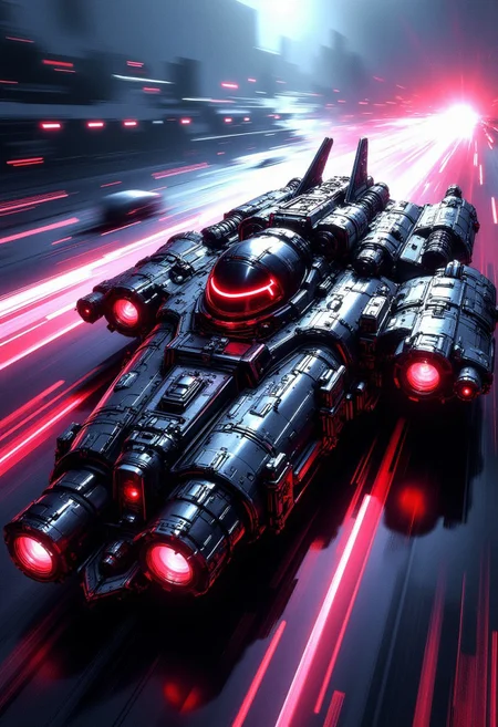 futuristic spaceship, adorned with intricate, metallic details, with a highly advanced, industrial look, with glowing red diodes and LEDs, illuminated cockpit, travelling in hyperpace, vibrant neon colours with motion blur, viewed diagonally from the front, directional lighting, inksketch