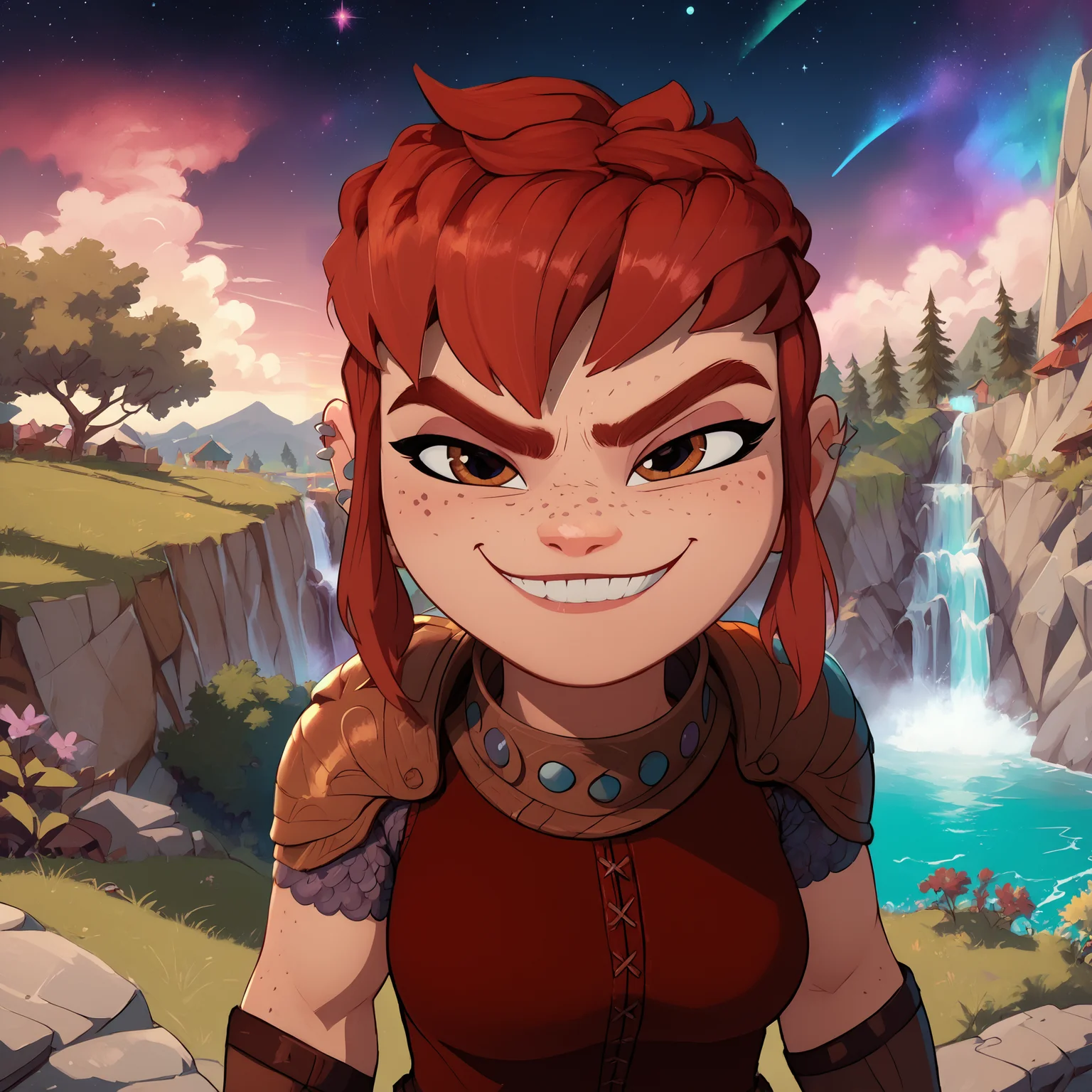 score_9, score_8_up, score_7_up, (emphasized-details:1.3), good_hands, better_hands, NimonaXL, short red hair, sidelocks, brown eyes, freckles, smug, smiling, ear piercing, miniskirt, red tunic, looking at viewer, (fingerless gloves:1.3), shoulder armor, medium breasts, slender torso, standing, cowboy shot, nightime, outdoors, amazing multicolored nature landscape, numerous trees, vibrant multicolored cosmic nebula in sky, vivid aurora borealis, waterfall in background, <lora:NimonaXL-11:0.9> <lora:pony_good_hands:1> <lora:detailed_notrigger:2>
