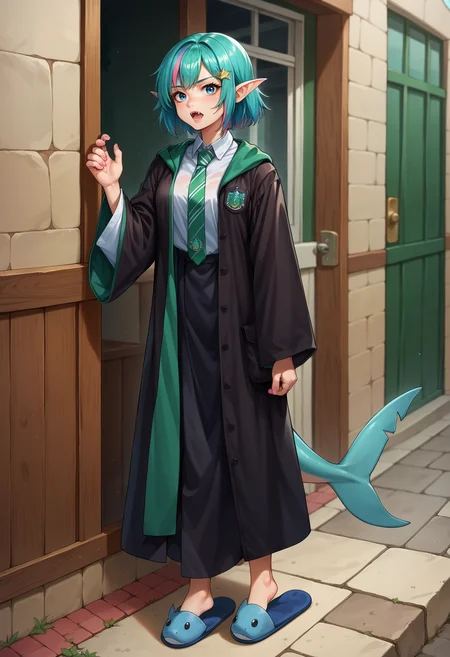 score_9, score_8_up,score_7_up, source_anime, rating_questionable, 1girl, solo, <lora:EPRobeSlytherinPDXL:1.0>, EPRobeSlytherin, wearing EPRobeSlytherin, black robe, green necktie, diagonal-striped necktie, white shirt, collared shirt, badge, closed robe, green trim, wide sleeves, ,detailed_background,outdoors,coat,open mouth,blue eyes,fins,pink nails,fish tail,streaked hair,sharkvox,sidelocks,jitome,full body,pink raincoat,hand up,multicolored hair,animal slippers,open coat,highres,blue hair,shark hood,shark tail,fang,shark slippers,pouch,blue footwear,star hair ornament,slippers,open clothes,shark fin