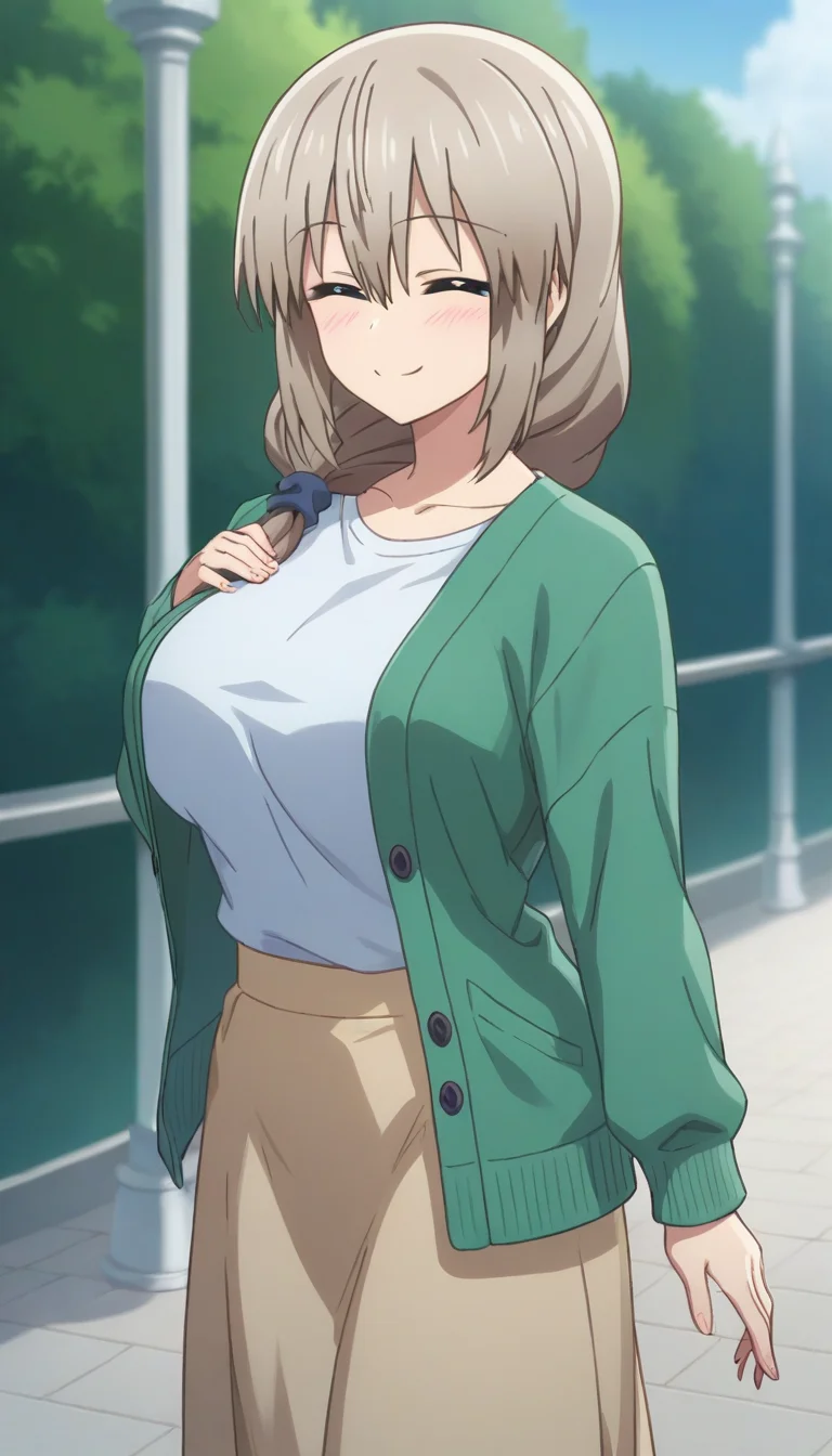 score_9,score_8_up,score_7_up,score_6_up BREAK official art,solo,outdoors,upper body,(portrait:1.5),looking at viewer,facing viewer,smile,blush,mature female,Tsuki Uzaki,grey hair,long hair,braid,hair over shoulder,hair scrunchie,hair ornament,hair between eyes,bangs,closed eyes,^_^,collarbone,green cardigan,open cardigan,white shirt,long sleeves,large breasts,skindentation,shirt tucked in,brown skirt,long skirt,high heels,white footwear,<lora:Tsuki Uzaki(uwa)-Pony:1.4>,