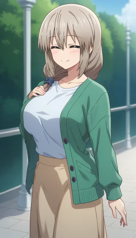 score_9,score_8_up,score_7_up,score_6_up BREAK official art,solo,outdoors,upper body,(portrait:1.5),looking at viewer,facing viewer,smile,blush,mature female,Tsuki Uzaki,grey hair,long hair,braid,hair over shoulder,hair scrunchie,hair ornament,hair between eyes,bangs,closed eyes,^_^,collarbone,green cardigan,open cardigan,white shirt,long sleeves,large breasts,skindentation,shirt tucked in,brown skirt,long skirt,high heels,white footwear,<lora:Tsuki Uzaki(uwa)-Pony:1.4>,