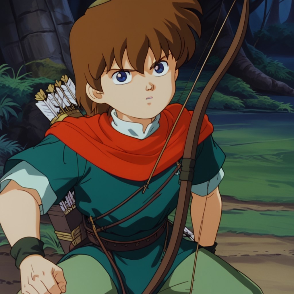 weapon, 1boy, solo, Robin Hood, blue eyes, white collar, red scarf, dark green shirt, light green pants, brown hair, bow, arrow