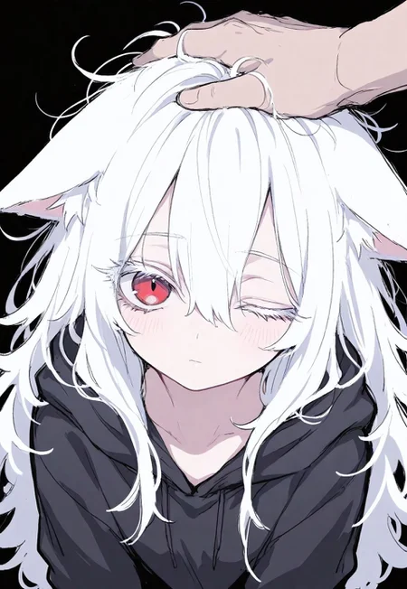 1boy, 1girl, red eyes, thick eyelashes, colored eyelashes, white hair, long hair, hair between eyes, messy hair, cat ears, ears down, black hoodie, upper body, light blush, closed mouth, headpat, looking at viewer, one eye closed, from above, black background, masterpiece, best quality, amazing quality, ma1ma1helmes_b_illu, sketch