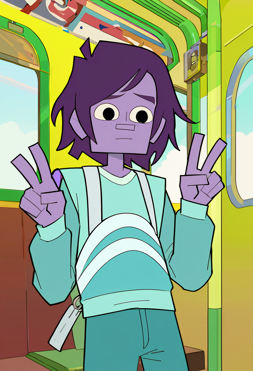 <lora:TwelveForever_Todd_Pony:1.0>, todd \(endless\), purple skin, hands up, v, todd, twelve forever, 1boy, solo, short hair, black eyes, train interior, masterpiece, best quality, score_9, score_8_up, score_7_up
