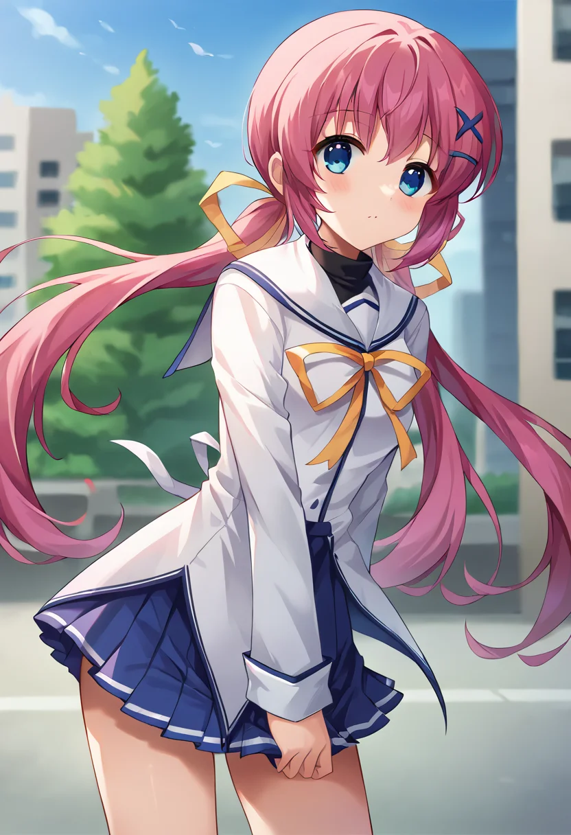 score_9, score_8_up, score_7_up, masterpiece, source_anime, 1girl, ct_nanaka, blue eyes, pink hair, twintails, long hair, x hair ornament, hairclip, hair ribbon, white serafuku, black turtleneck, white sailor collar, yellow neck ribbon, puffy long sleeves, blue skirt, looking at viewer, outdoors, city, depth of field, cowboy shot, <lora:ShirakawaNanaka_Pony_ct:1>