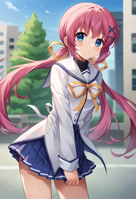 score_9, score_8_up, score_7_up, masterpiece, source_anime, 1girl, ct_nanaka, blue eyes, pink hair, twintails, long hair, x hair ornament, hairclip, hair ribbon, white serafuku, black turtleneck, white sailor collar, yellow neck ribbon, puffy long sleeves, blue skirt, looking at viewer, outdoors, city, depth of field, cowboy shot, <lora:ShirakawaNanaka_Pony_ct:1>