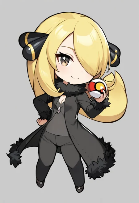 masterpiece, best quality, very aesthetic, absurdresï¼<lora:cynthia_(pokemon):1>ï¼smile, , hair_over_one_eye, cynthia_\(pokemon\), black_coat, 1girl, white_background, solo, chibi, poke_ball_\(basic\), full_body, black_pants, long_sleeves, closed_mouth, fur_trim