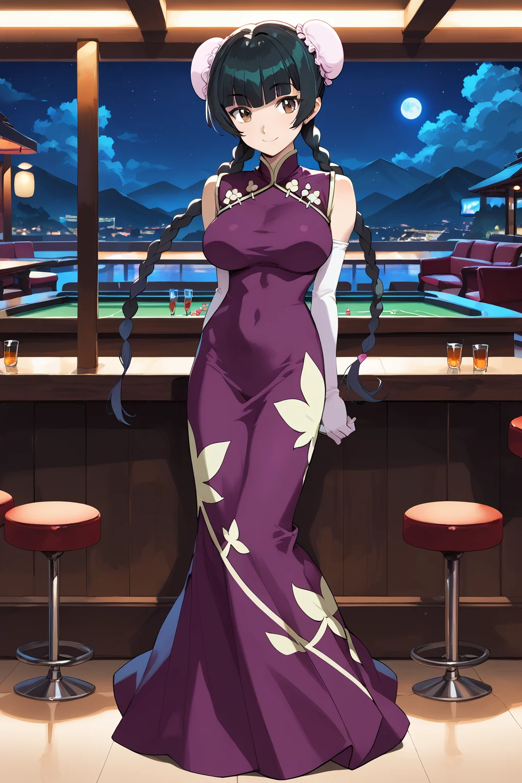 score_9, score_8_up, score_7_up, , score_ANIME, wangliumei, 1girl, solo, bun cover, double bun, china dress, twin braids, dark green hair,full body, very long hair, brown eyes, standing, smile, pink elbow gloves, sleeveless, purple dress, looking at viewer, large breasts, blunt bangs <lora:wangliumei2_pony:1>, arms behind back, hair behind back, head tilt, night sky, club, indoors, bar, casino, long dress