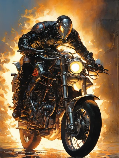 1 cyborg warrior with black leather jacket, fire,  sci-fi, riding a bike
best shadow, cinematic lighting
art by Gerard Brom, Alex Maleev
(best quality, masterpiece, )