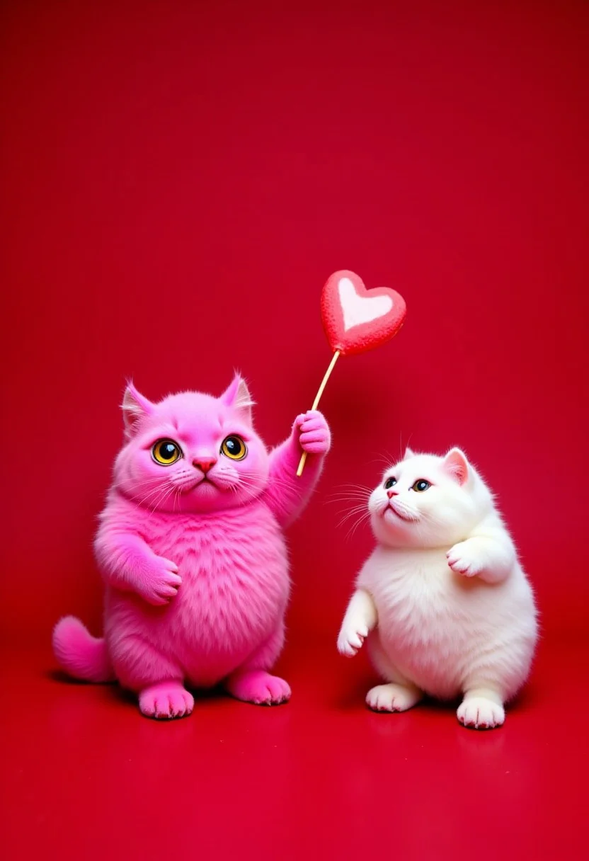 an extremely cute happy pink fat kitty giving a big heart candy to a big fat white kitty, isolated on a dark red background. Happy Valentine's Day!