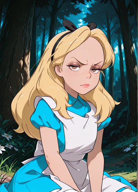 masterpiece, best quality, amazing quality, very aesthetic, absurdres, newest, 4k, 8k, dynamic angle, official style, (jaggy lines, sugimorixd:1.3), outdoors, forest, flowers, grass, sitting, looking at viewer
alicexd, 1girl, solo, blonde hair, long hair, hairbow, blue dress, white apron, bow, white thighs, lips,
annoyed,
<lora:Expression_Detailer_Illustrious_Lora:1>, <lora:sugimoi:1>, <lora:Alice_-_Disney_Illustrious:1>