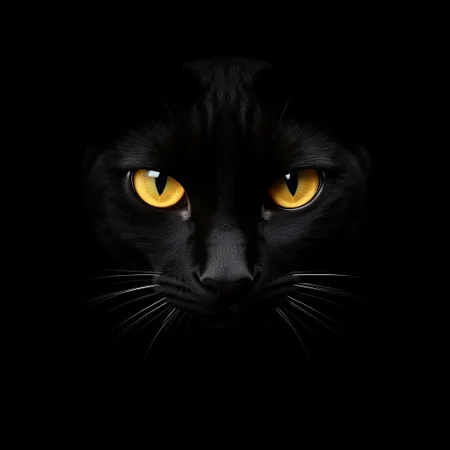 This image is a high-resolution photograph featuring the close-up face of a black cat. The cat, whose fur is sleek and glossy, fills the entire frame with its face dominating the foreground. The cat’s eyes are strikingly bright, with a golden-yellow hue that stands out vividly against the otherwise dark background, which is almost entirely black. The eyes are large and expressive, with a slightly dilated pupil that gives them a slightly ominous yet captivating look. The cat’s nose is small and dark, with a slight wetness indicating it might be slightly moist, adding to the realism of the photograph. The whiskers, which are long and white, extend outward from the cat's nose, adding to the sense of detail and realism. The texture of the fur appears smooth and dense, with individual strands visible, giving a realistic tactile feel to the image. The background is entirely black, making the cat’s face the focal point and enhancing the dramatic effect. The lighting is soft yet directional, highlighting the cat’s face and eyes while keeping the rest of the image dark and mysterious. The overall composition and lighting give the photograph a moody and intense atmosphere. Hdr