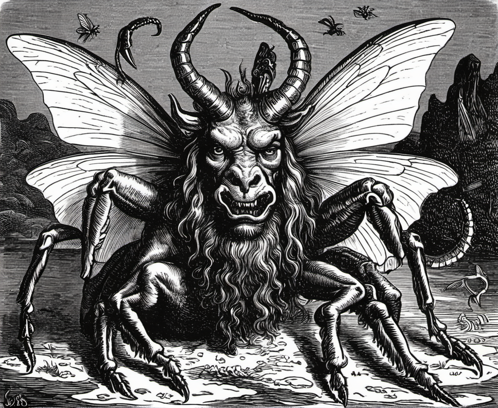 a demon with the head of a goat and the body of a crab and the wings of a dragonfly,greyscale,monochrome,art by llbreton, <lora:LLBretonXLRecent:0.8>