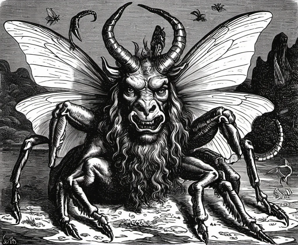 a demon with the head of a goat and the body of a crab and the wings of a dragonfly,greyscale,monochrome,art by llbreton, <lora:LLBretonXLRecent:0.8>